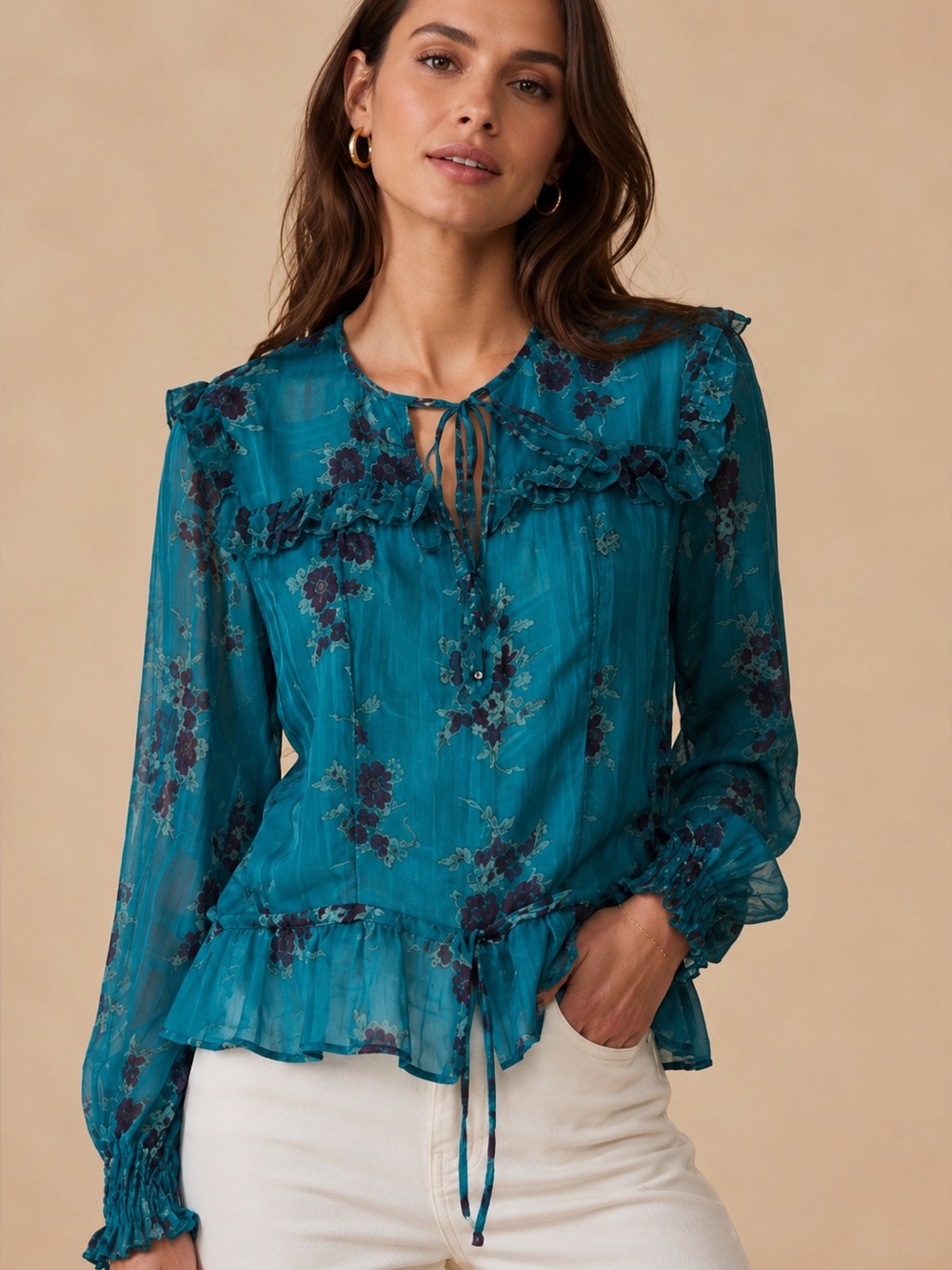 Veronica Beard 100% Silk Floral Ruffle Tie Neck Blouse Teal Boho Size S